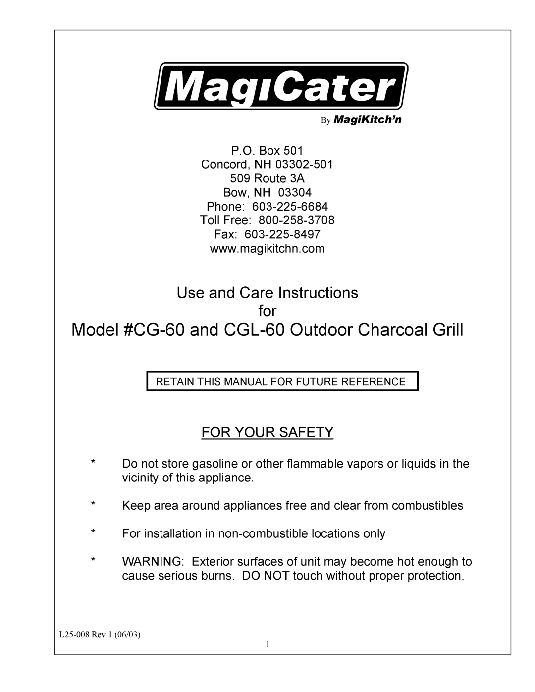 Magikitch'n manual Model #CG-60 and CGL-60 Outdoor Charcoal Grill 