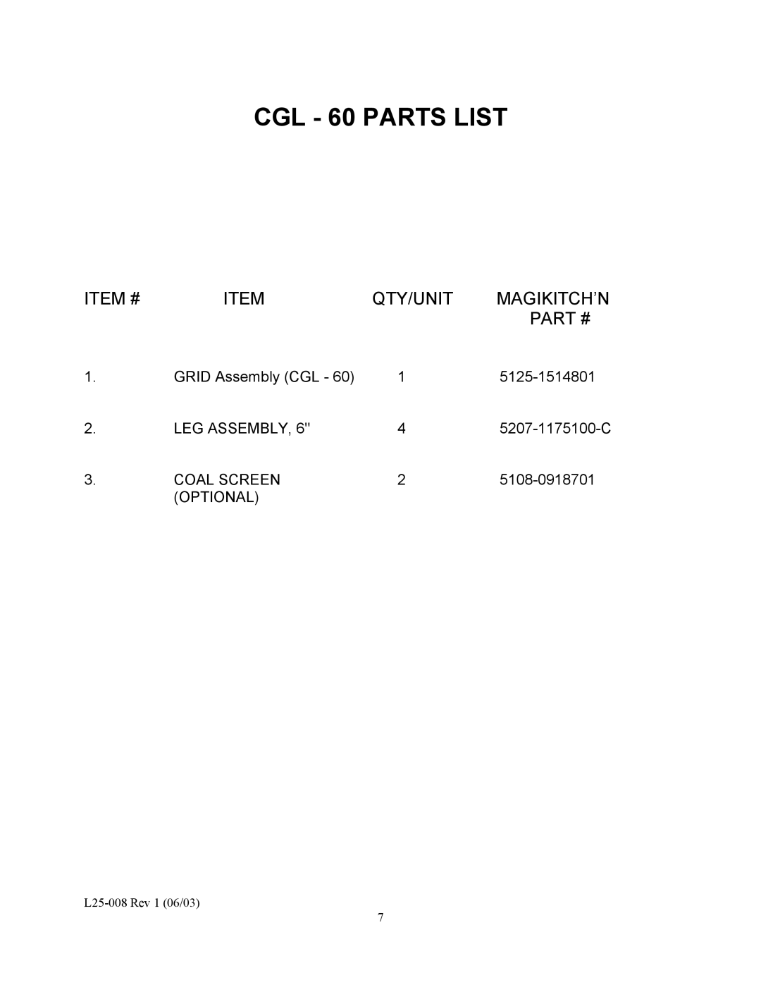 Magikitch'n CG-60 manual CGL 60 Parts List, Item # 