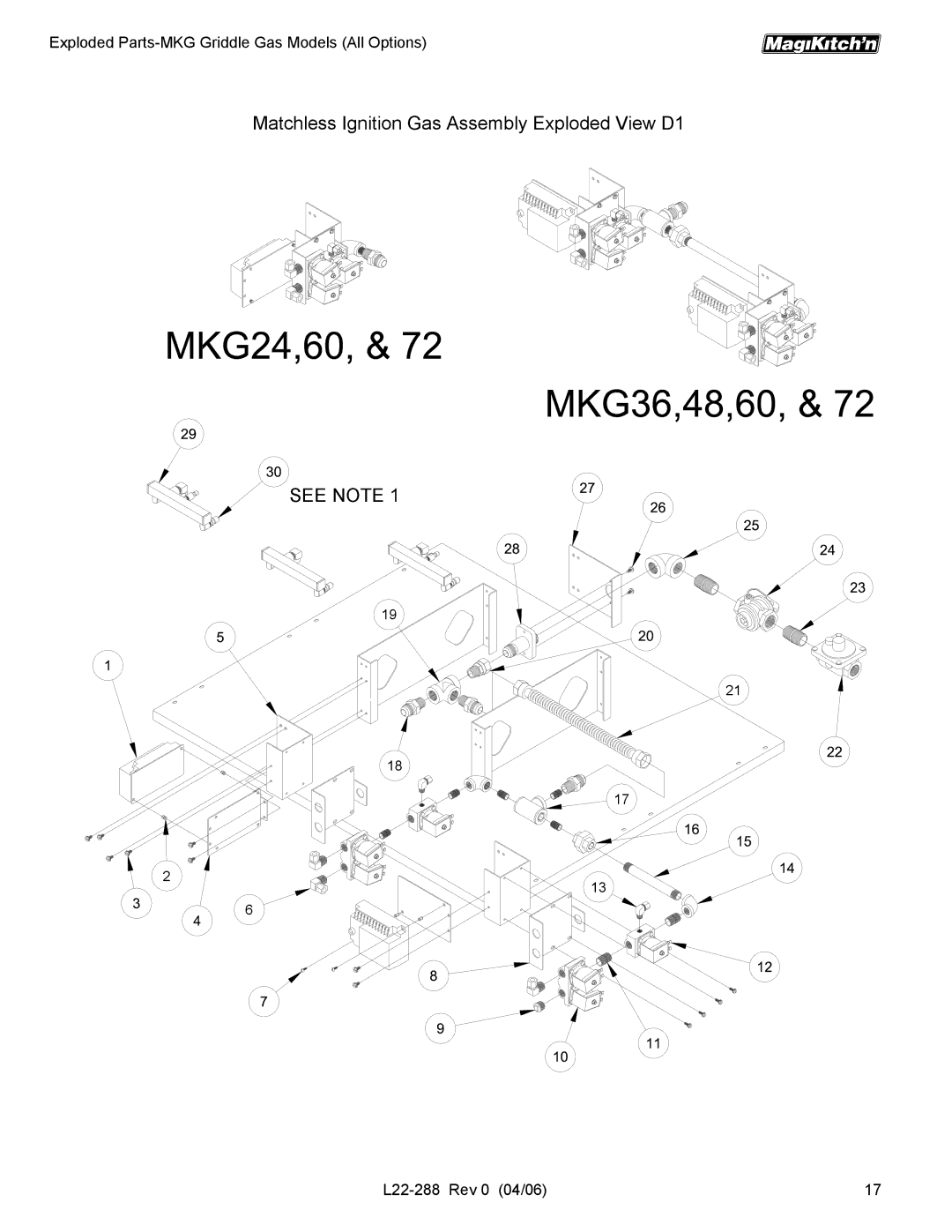 Magikitch'n L22-288 manual Matchless Ignition Gas Assembly Exploded View D1, See Note 