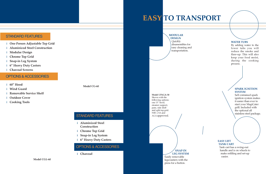 Magikitch'n LPAGA60-SS specifications Modular Design, Water Tubs, Spark Ignition, System, Easy Lift, Tank Cart, Snap-In 