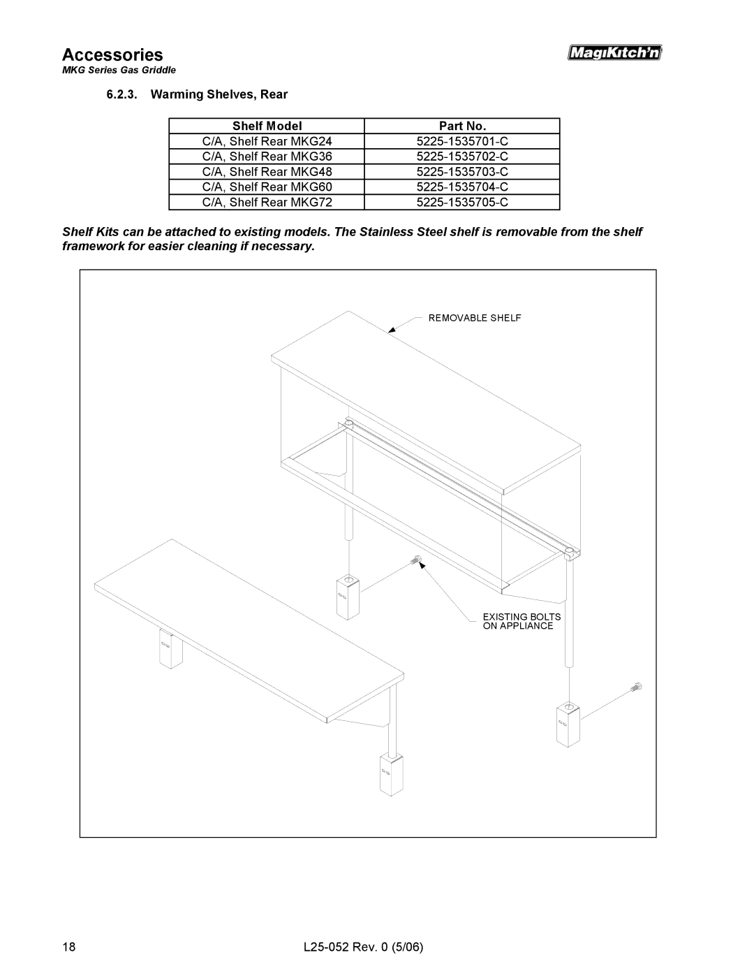 Magikitch'n MKG24, MKG72, MKG36, MKG60, MKG48 operation manual Warming Shelves, Rear 