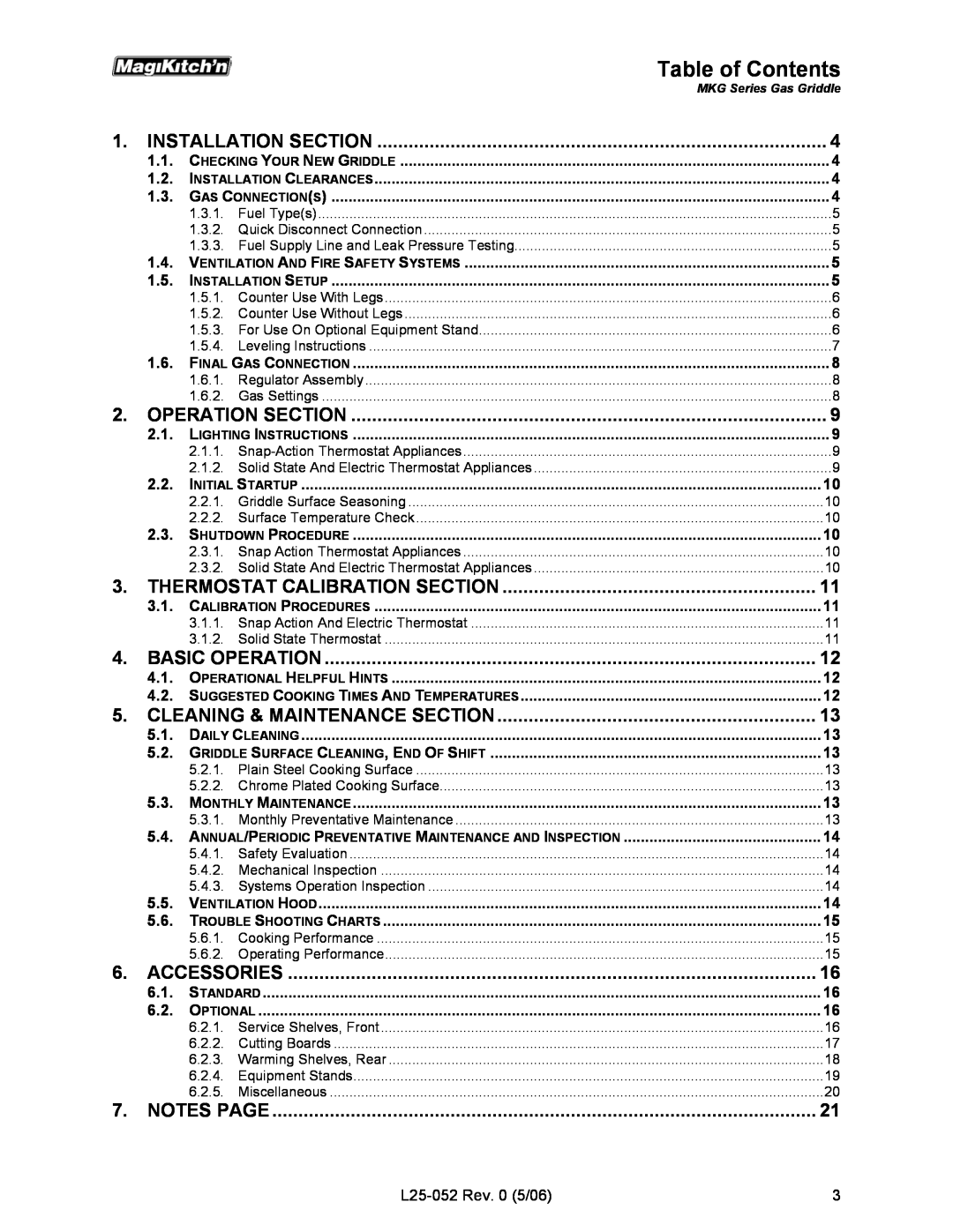Magikitch'n MKG24, MKG72, MKG36, MKG60, MKG48 operation manual Table of Contents, L25-052Rev. 0 5/06 