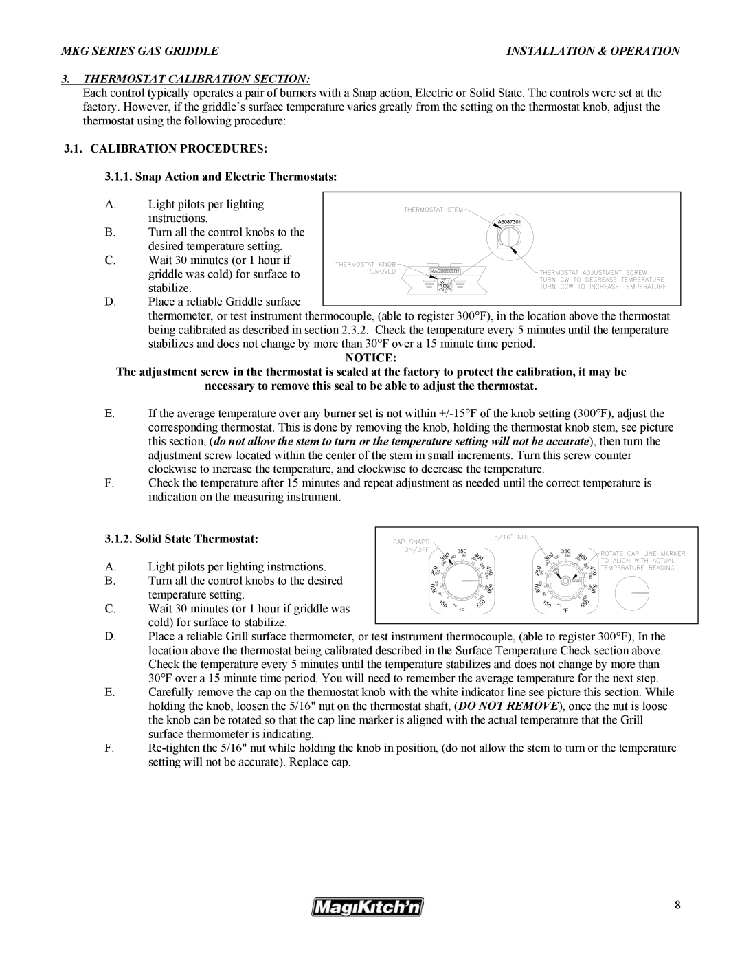 Magikitch'n pmn operation manual Calibration Procedures, Snap Action and Electric Thermostats, Solid State Thermostat 