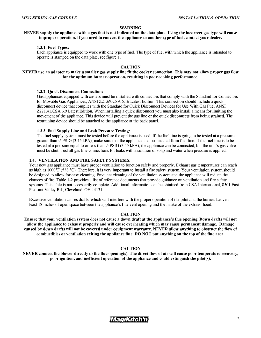 Magikitch'n pmn operation manual Fuel Supply Line and Leak Pressure Testing, Ventilation and Fire Safety Systems 