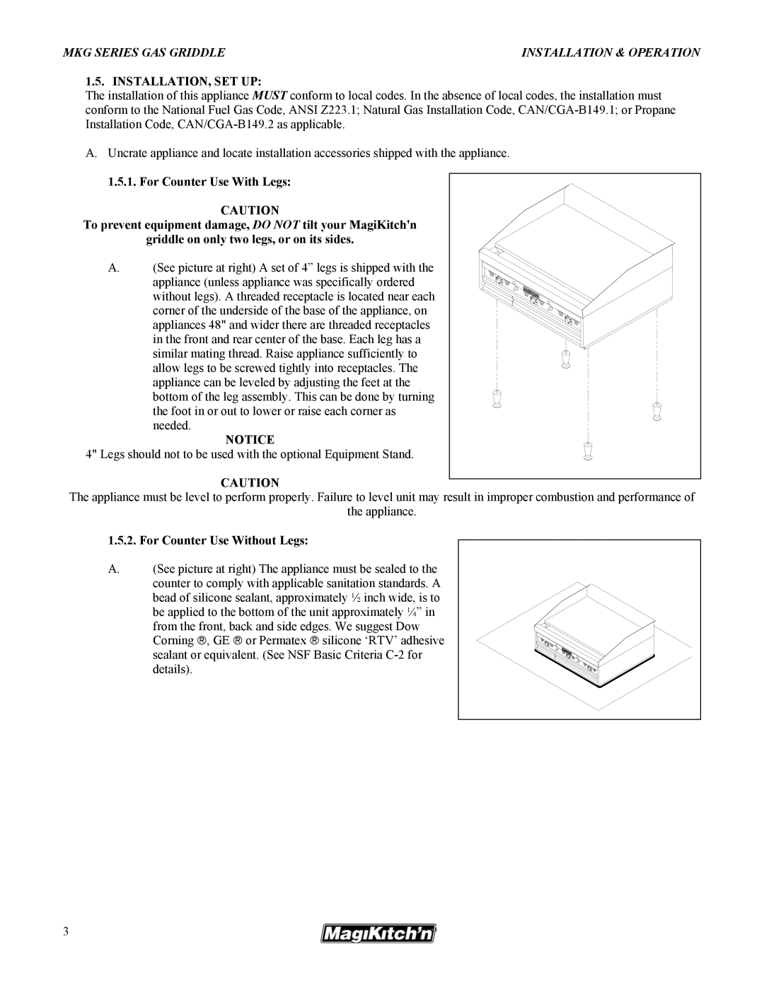 Magikitch'n pmn operation manual Installation, Set Up, For Counter Use Without Legs 