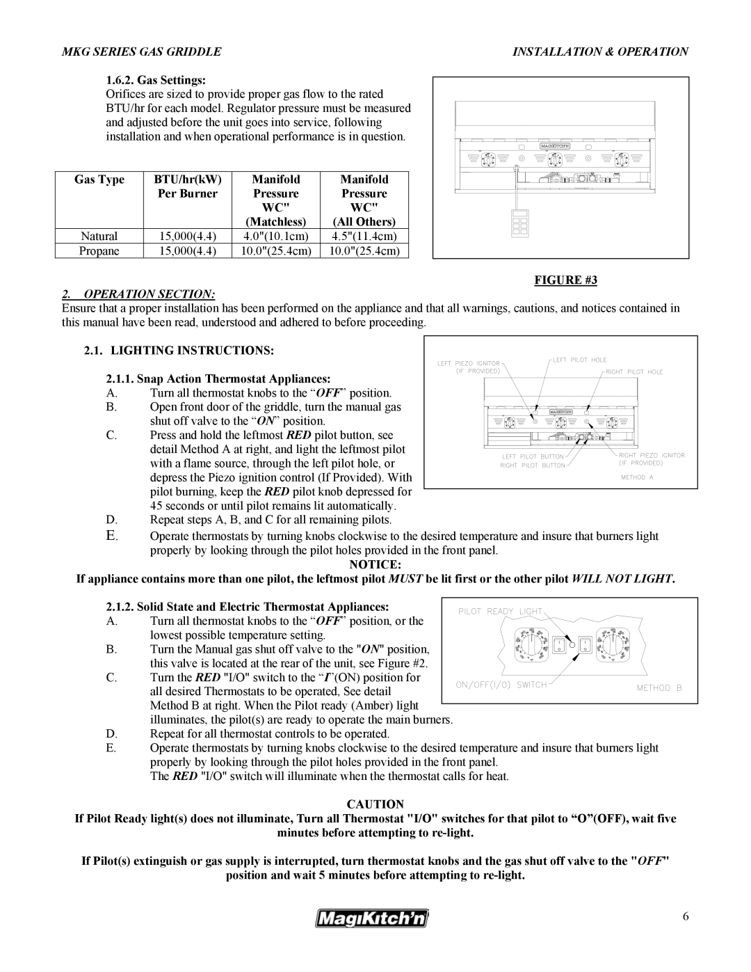 Magikitch'n pmn operation manual Gas Settings, Gas Type BTU/hrkW Manifold Per Burner, Lighting Instructions 