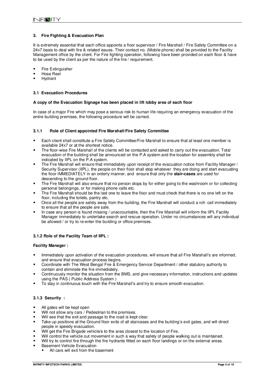 Magma 1 manual Fire Fighting & Evacuation Plan, Role of the Facility Team of Iipl Facility Manager, Security 