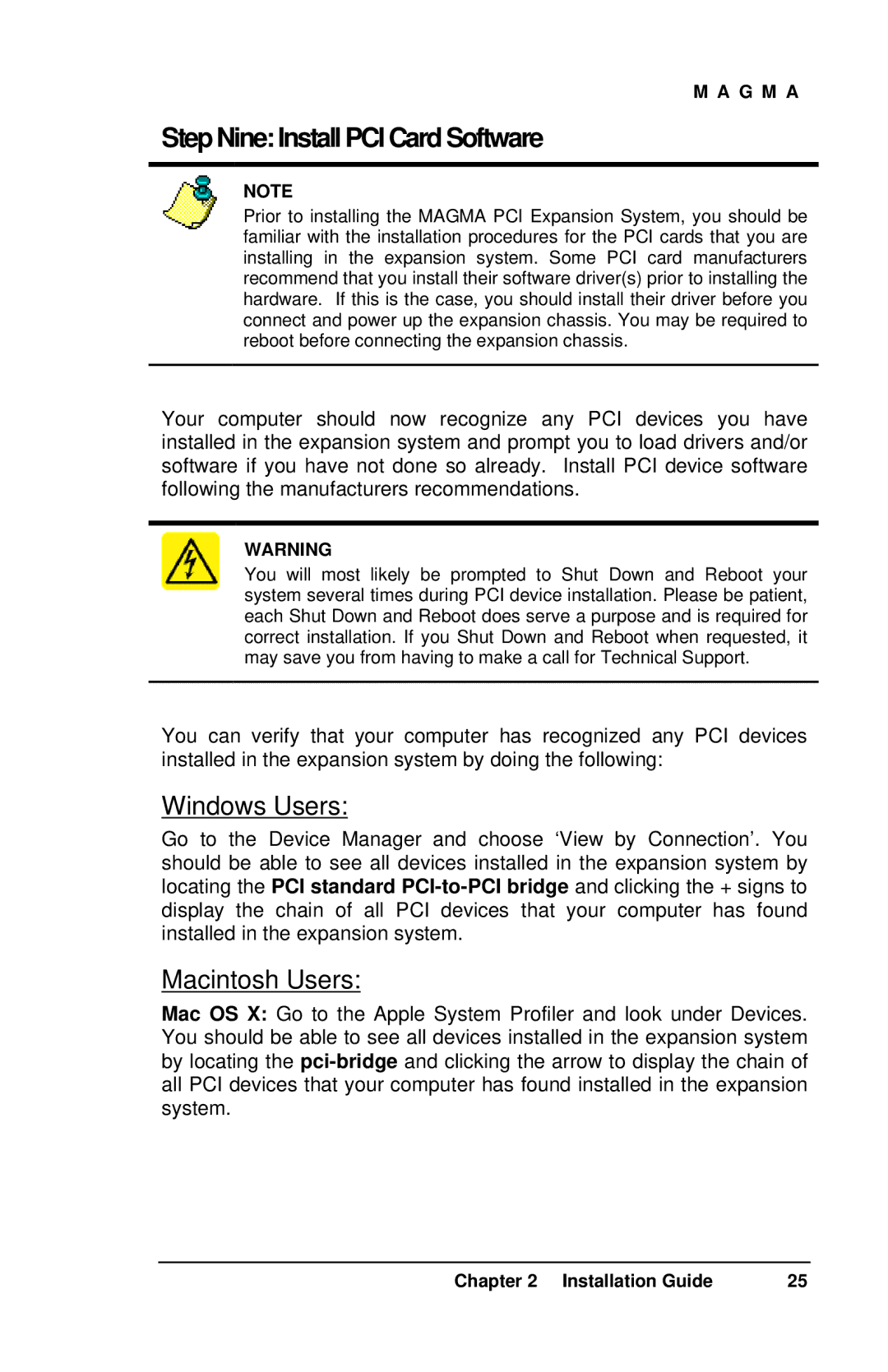 Magma 7 Slot Series user manual Step Nine Install PCI Card Software, Windows Users, Macintosh Users 