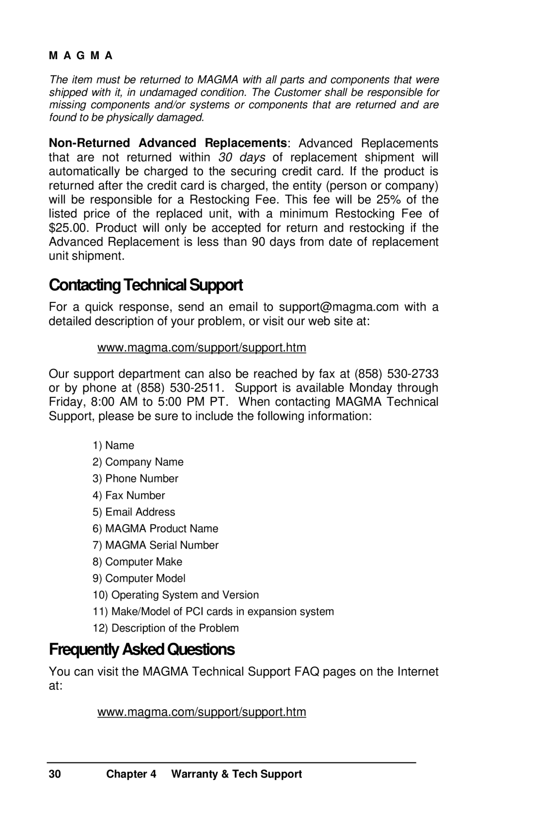 Magma 7 Slot Series user manual Contacting Technical Support, Frequently Asked Questions 