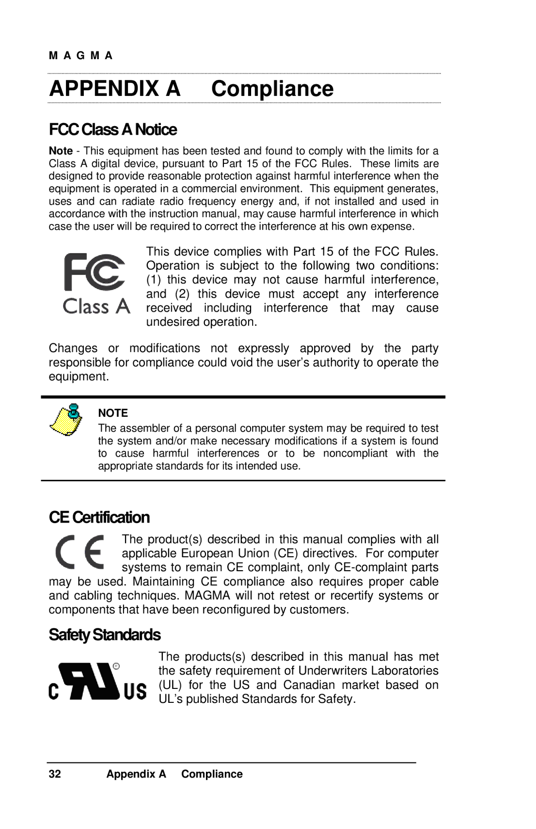 Magma 7 Slot Series user manual Appendix a Compliance, FCC Class a Notice, CE Certification, Safety Standards 