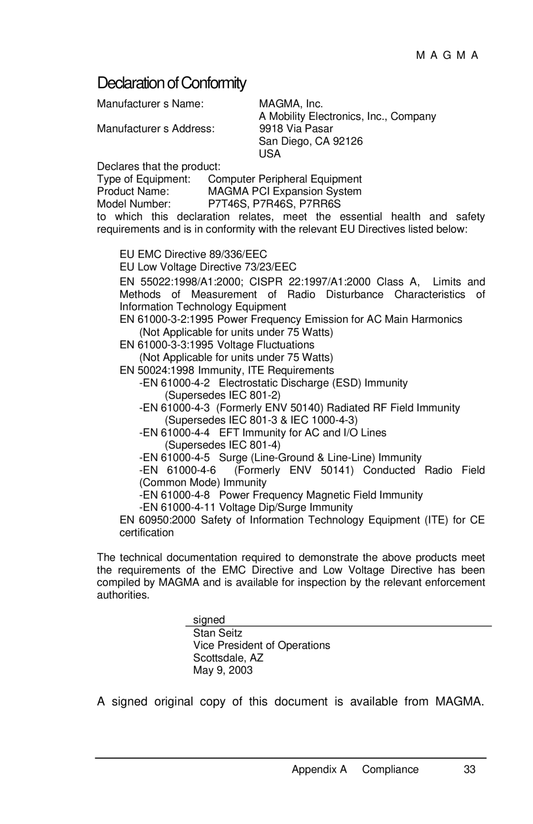 Magma 7 Slot Series user manual DeclarationofConformity, Model Number P7T46S, P7R46S, P7RR6S 