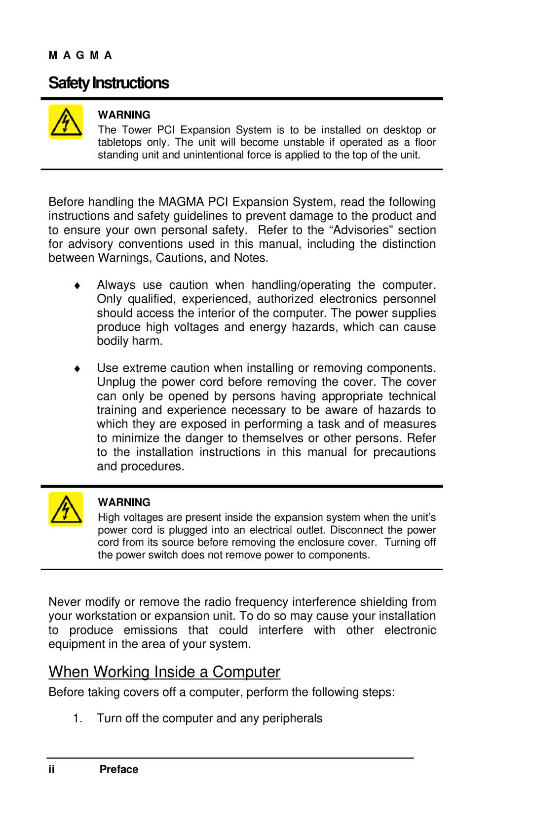 Magma 7 Slot Series user manual Safety Instructions, When Working Inside a Computer 