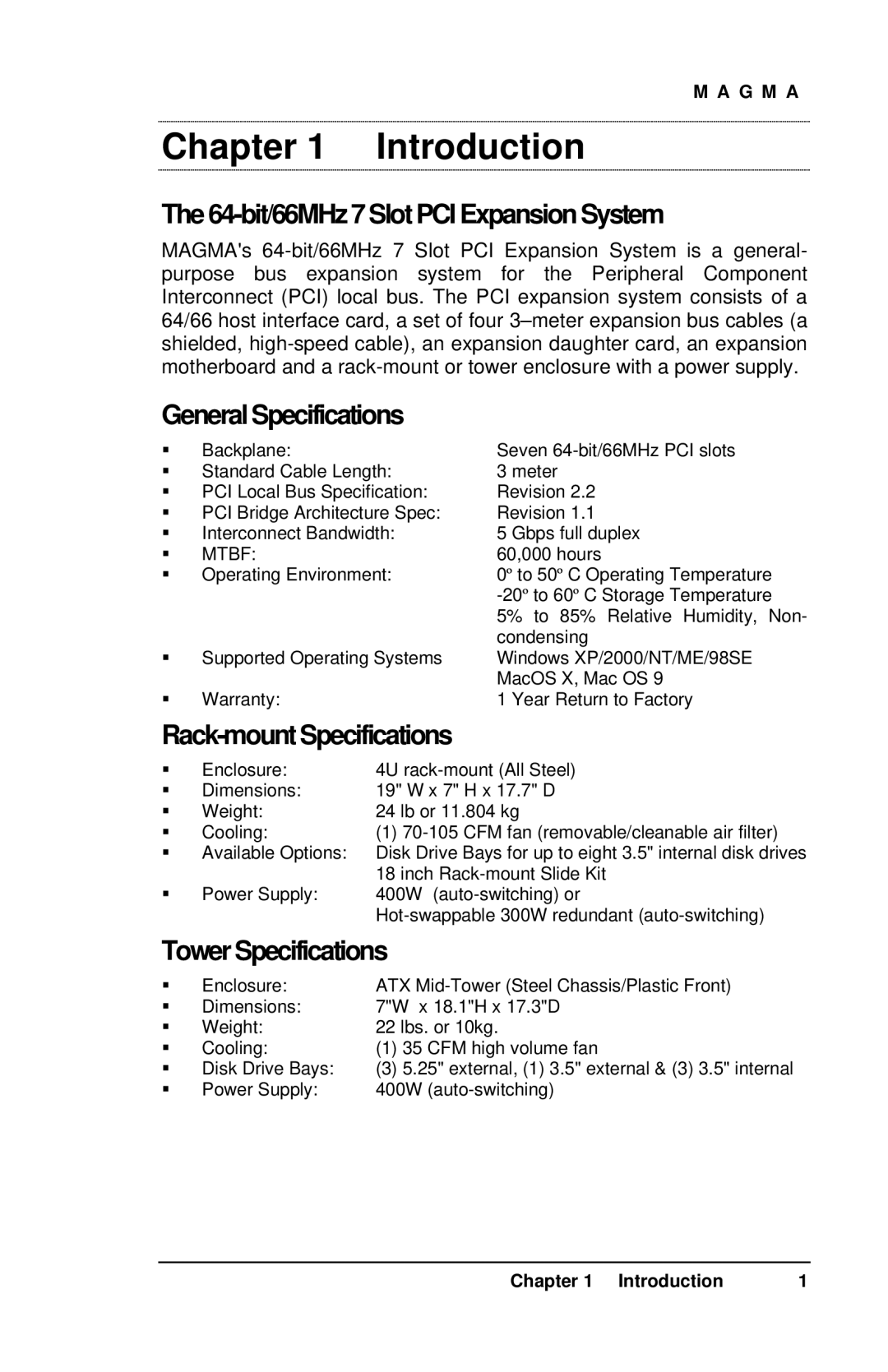 Magma 7 Slot Series Introduction, 64-bit/66MHz7 Slot PCI ExpansionSystem, General Specifications, Rack-mountSpecifications 