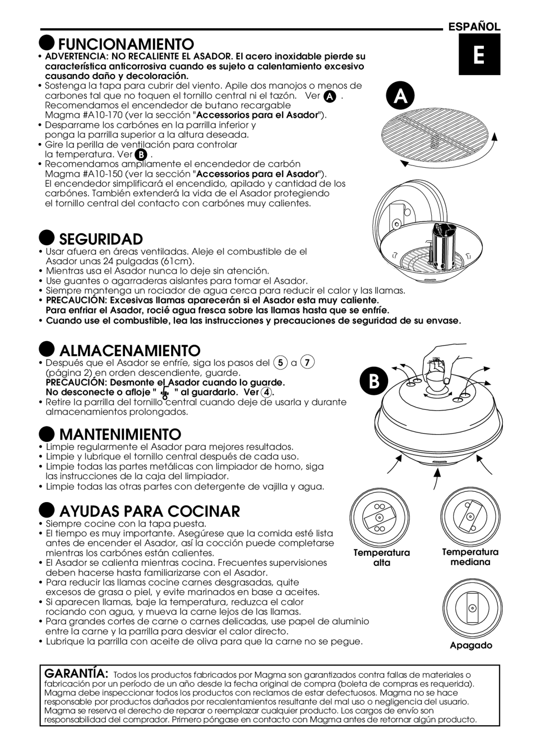 Magma A10-014, A10-004 manuel dutilisation Funcionamiento, Seguridad, Almacenamiento, Mantenimiento, Ayudas Para Cocinar 