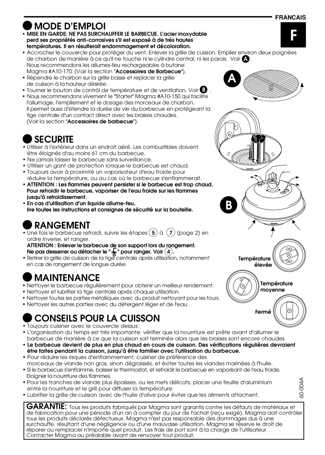 Magma A10-004, A10-014 manuel dutilisation Mode D’EMPLOI, Securite, Rangement, Maintenance, Conseils Pour LA Cuisson 