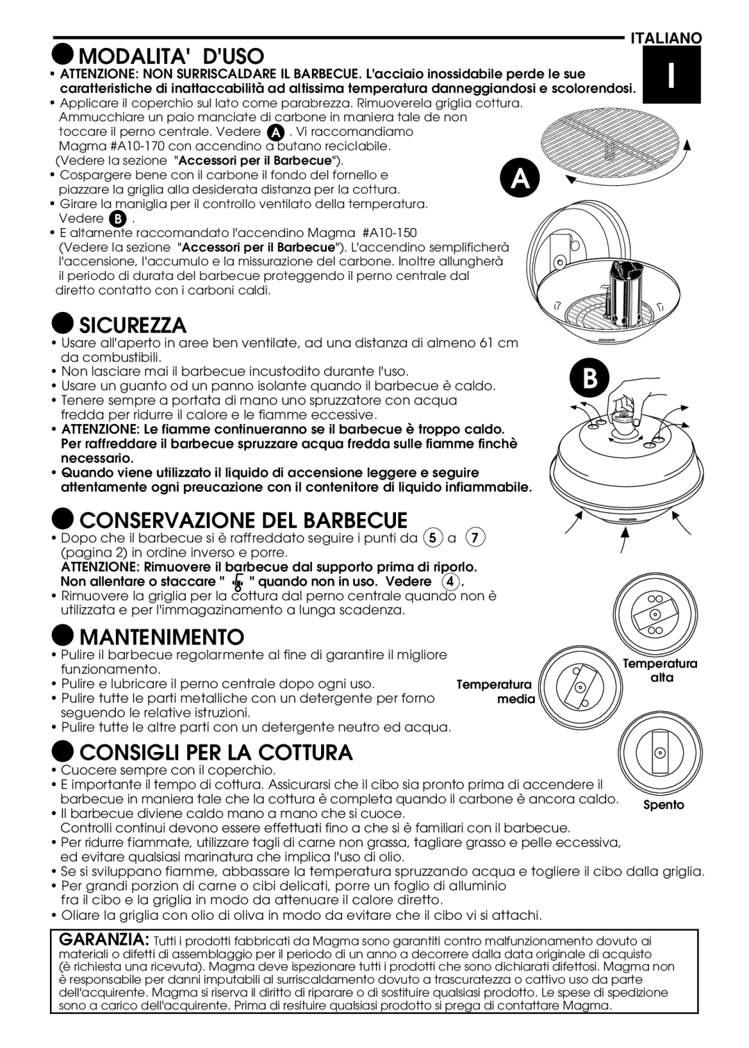 Magma A10-004, A10-014 Modalita Duso, Sicurezza, Conservazione DEL Barbecue, Mantenimento, Consigli PER LA Cottura 