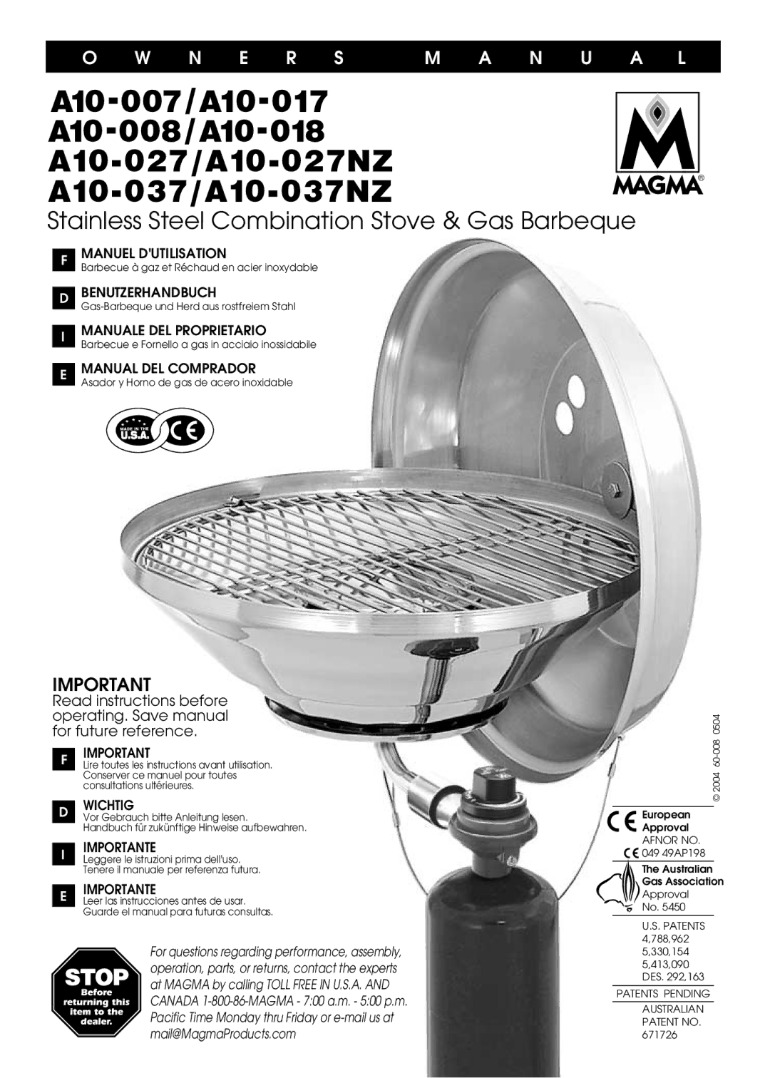 Magma A10-037NZ, A10-018, A10-027NZ, A10-007, A10-017 manuel dutilisation Stainless Steel Combination Stove & Gas Barbeque 