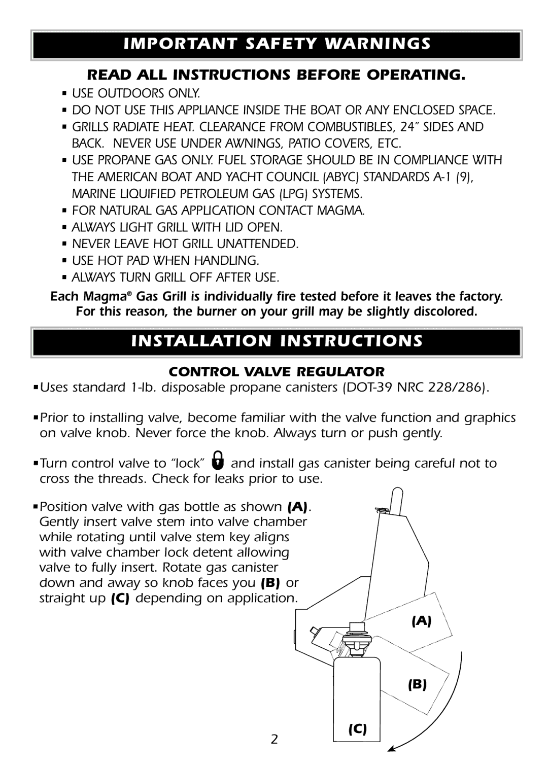 Magma A10-1225 owner manual Important Safety Warnings, Installation Instructions, Control Valve Regulator 