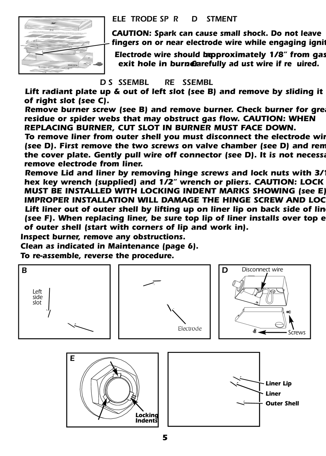 Magma A10-1225 owner manual Electrode Spark Adjustment, Disassembly & RE-ASSEMBLY 