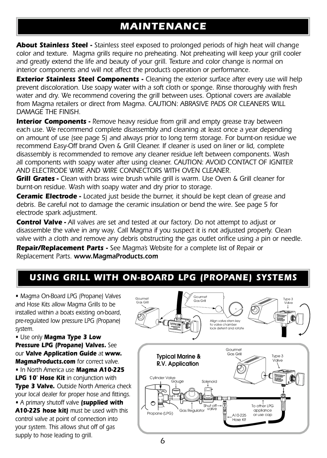 Magma A10-1225 owner manual Maintenance, Using Grill with ON-BOARD LPG Propane Systems 