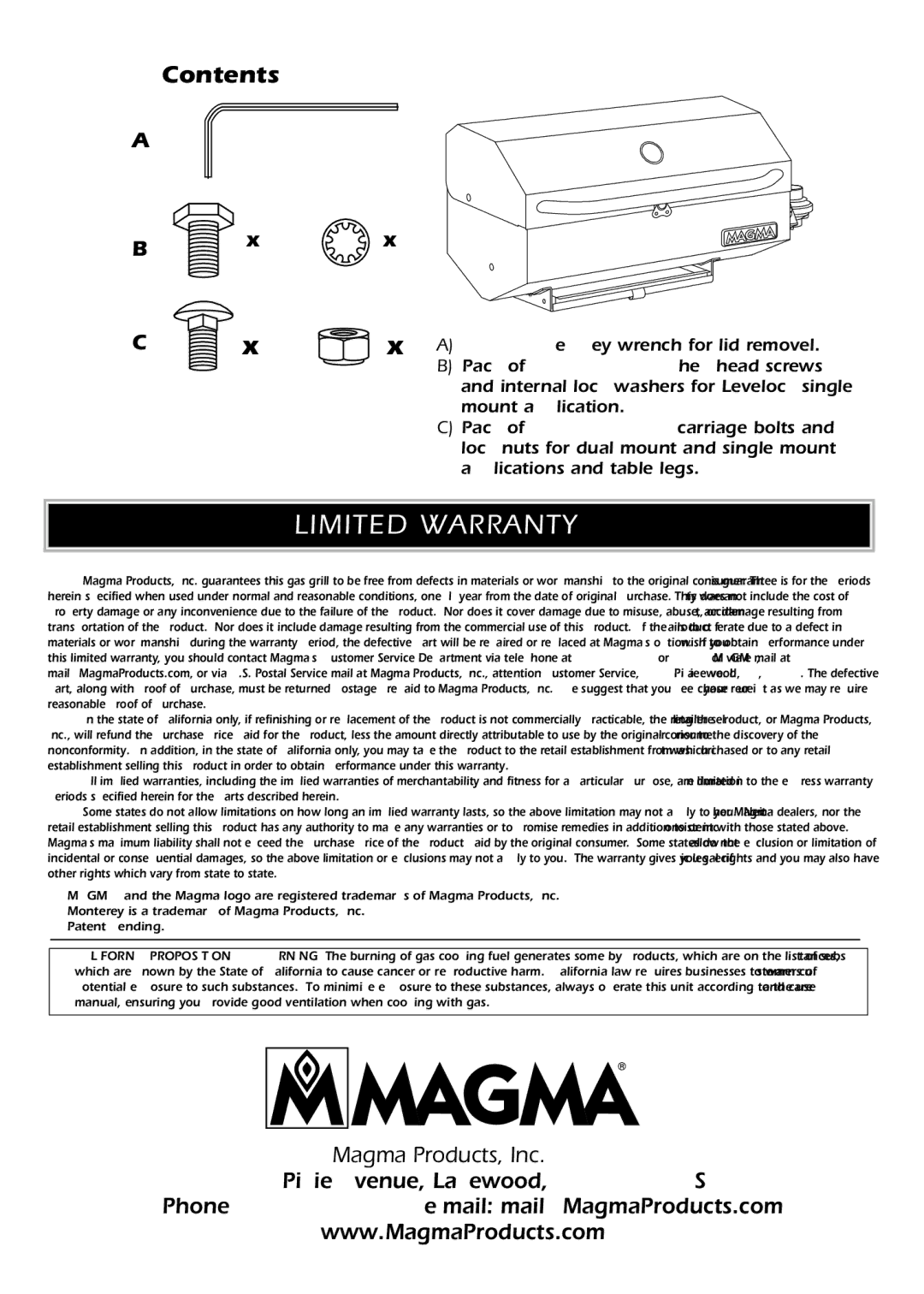 Magma A10-1225 owner manual Limited Warranty, Contents 