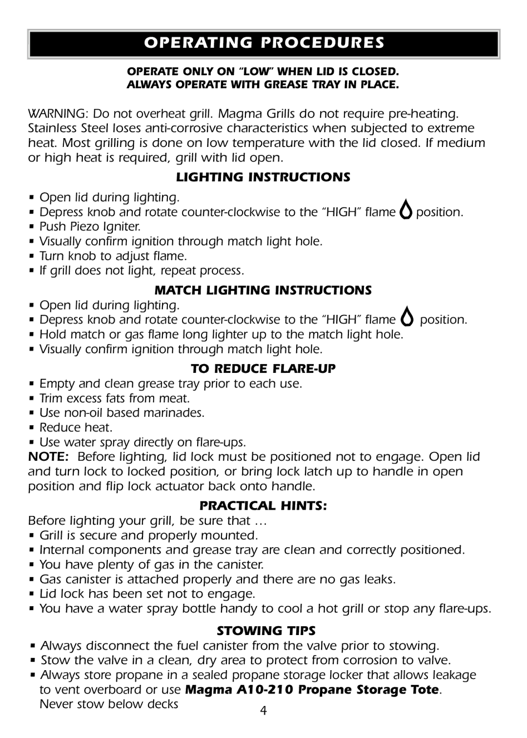 Magma A10-918 owner manual Operating Procedures 