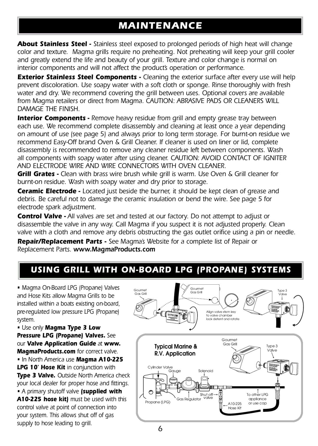 Magma A10-918 owner manual Maintenance, Using Grill with ON-BOARD LPG Propane Systems 