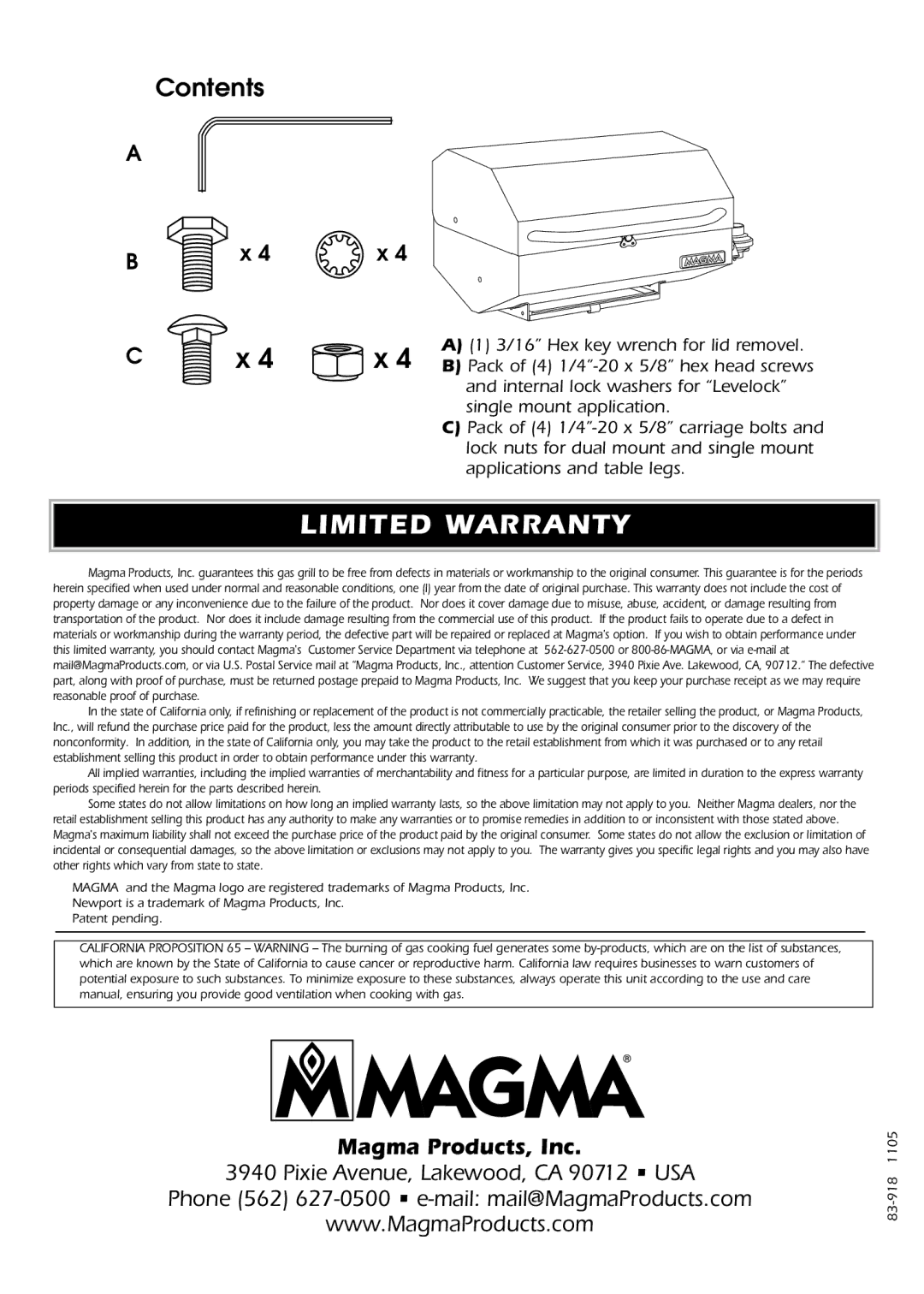 Magma A10-918 owner manual Limited Warranty, Contents 