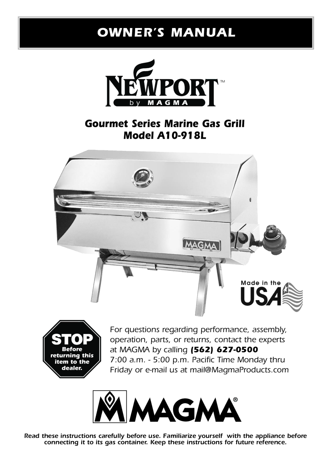 Magma owner manual Gourmet Series Marine Gas Grill Model A10-918L 