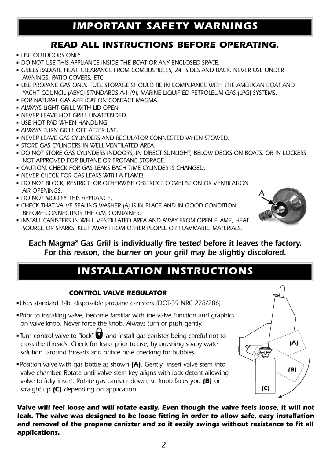 Magma A10-918L owner manual Important Safety Warnings, Installation Instructions, Control Valve Regulator 