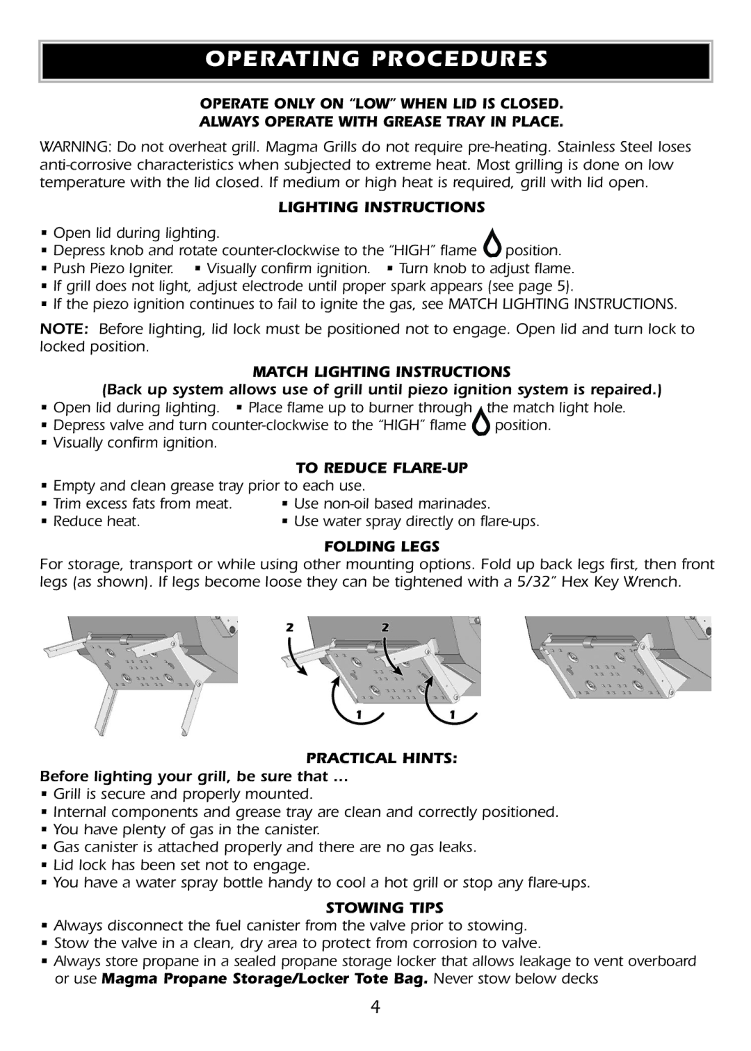 Magma A10-918L owner manual Operating Procedures 