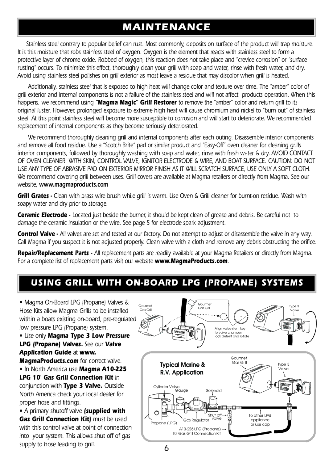 Magma A10-918L owner manual Maintenance, Using Grill with ON-BOARD LPG Propane Systems, Application Guide at www 