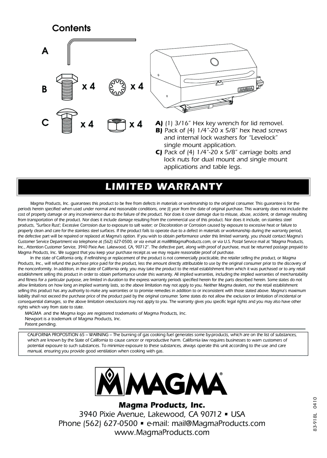 Magma A10-918L owner manual Limited Warranty, Contents 