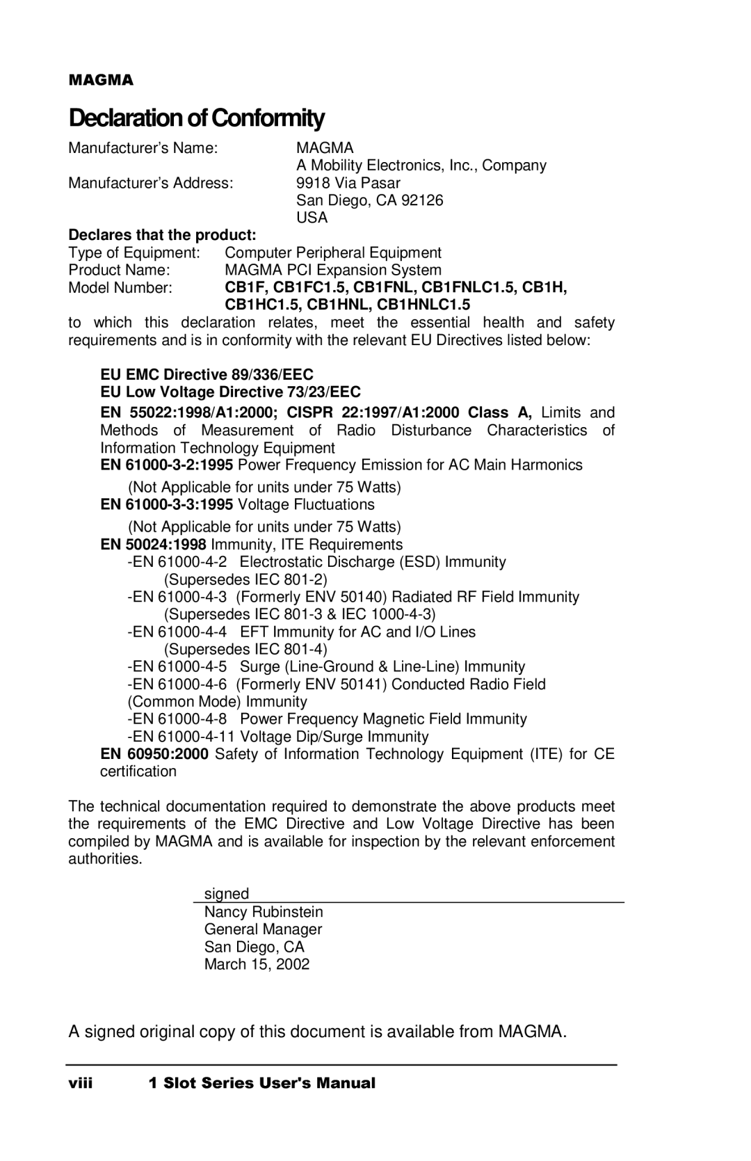 Magma CB1F manual Declaration of Conformity, CB1HC1.5, CB1HNL, CB1HNLC1.5 