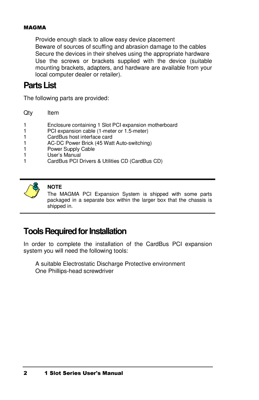 Magma CB1F manual Parts List, Tools Required for Installation 