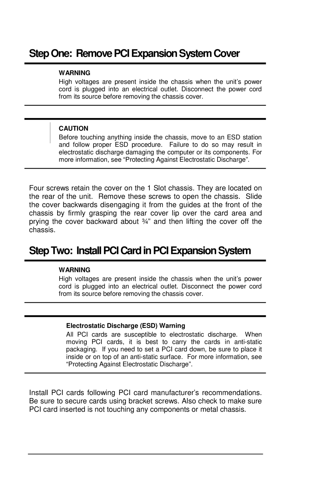 Magma CB1F manual Step One Remove PCI Expansion System Cover, Step Two Install PCI Card in PCI Expansion System 