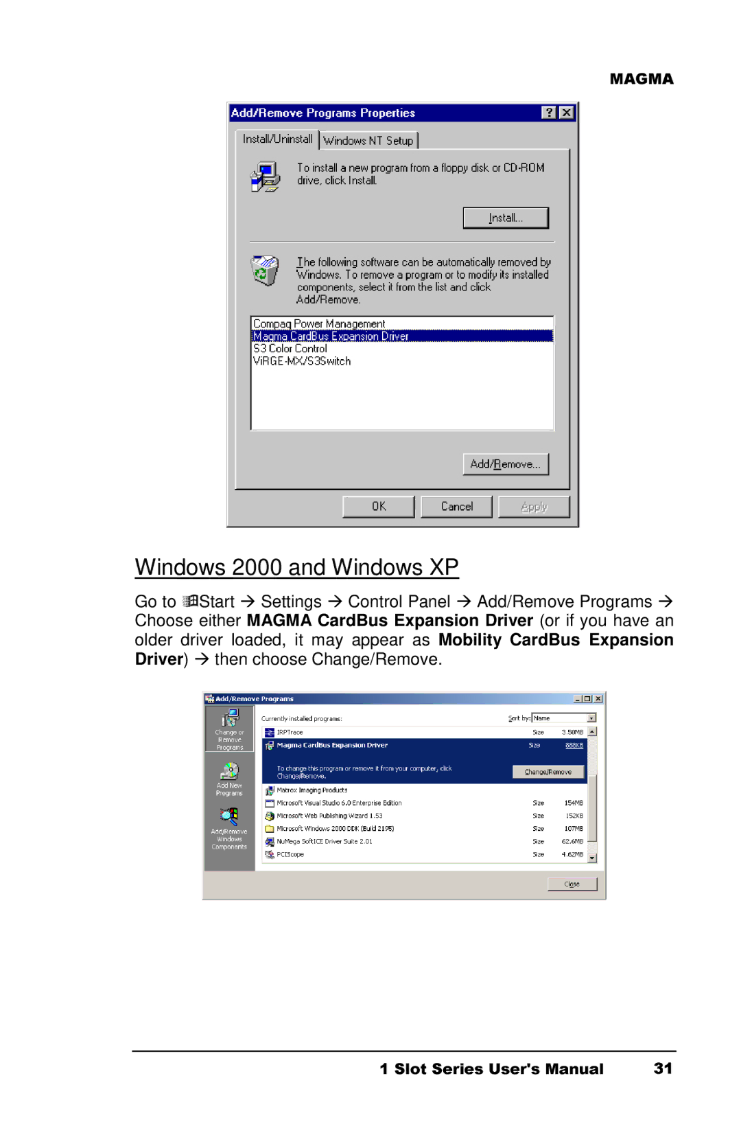 Magma CB1F manual Windows 2000 and Windows XP 