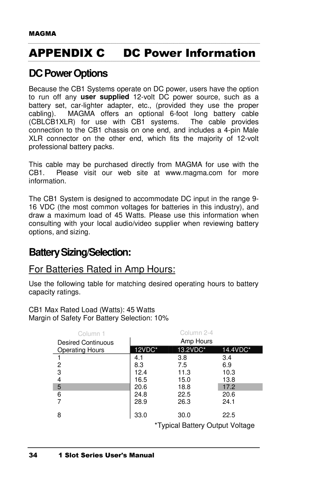 Magma CB1F manual DC Power Options, BatterySizing/Selection, For Batteries Rated in Amp Hours 