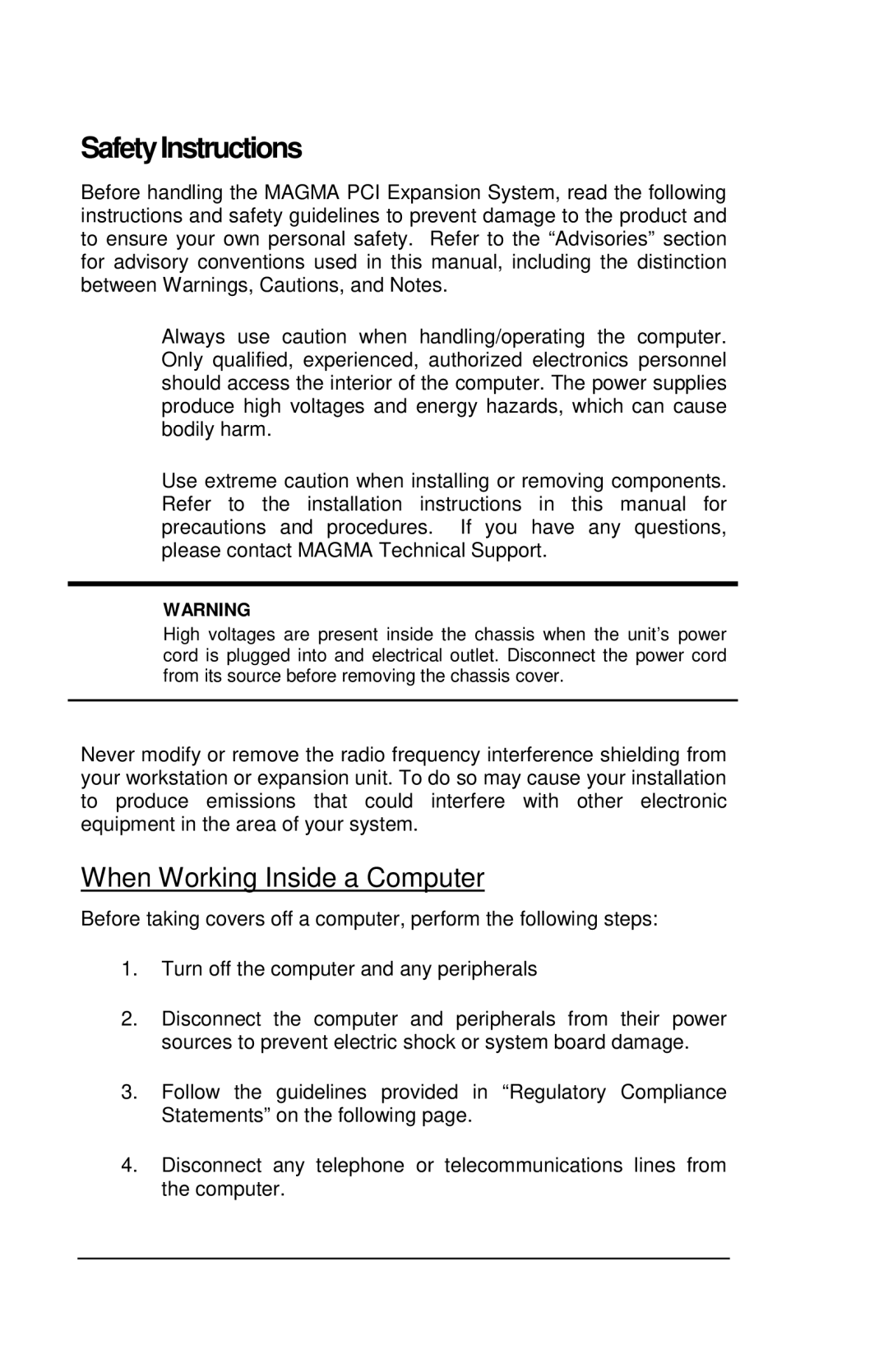 Magma CB1F manual SafetyInstructions, When Working Inside a Computer 