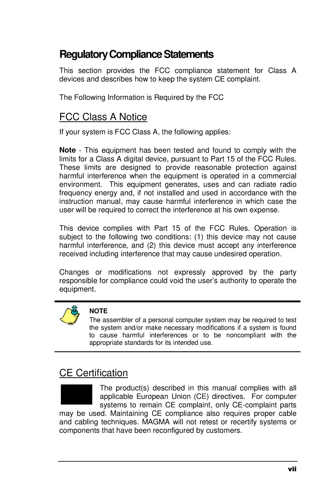 Magma CB1F manual RegulatoryCompliance Statements, FCC Class a Notice 