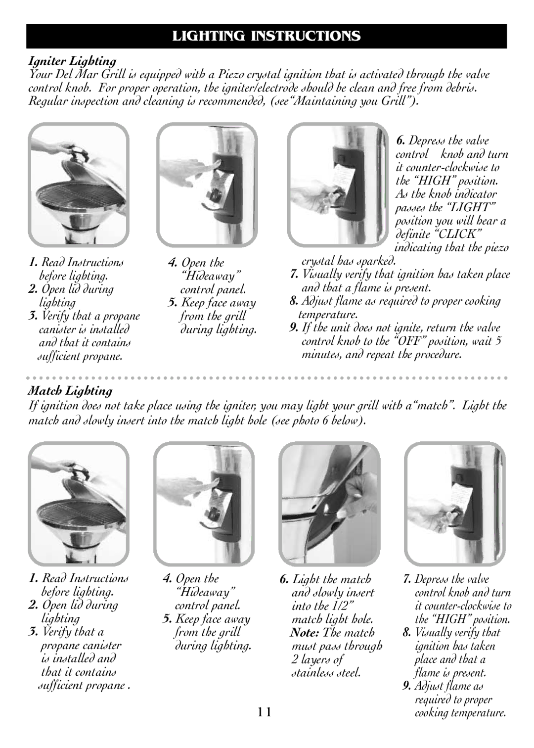 Magma DM10-016LP owner manual Lighting Instructions, Igniter Lighting, Match Lighting 