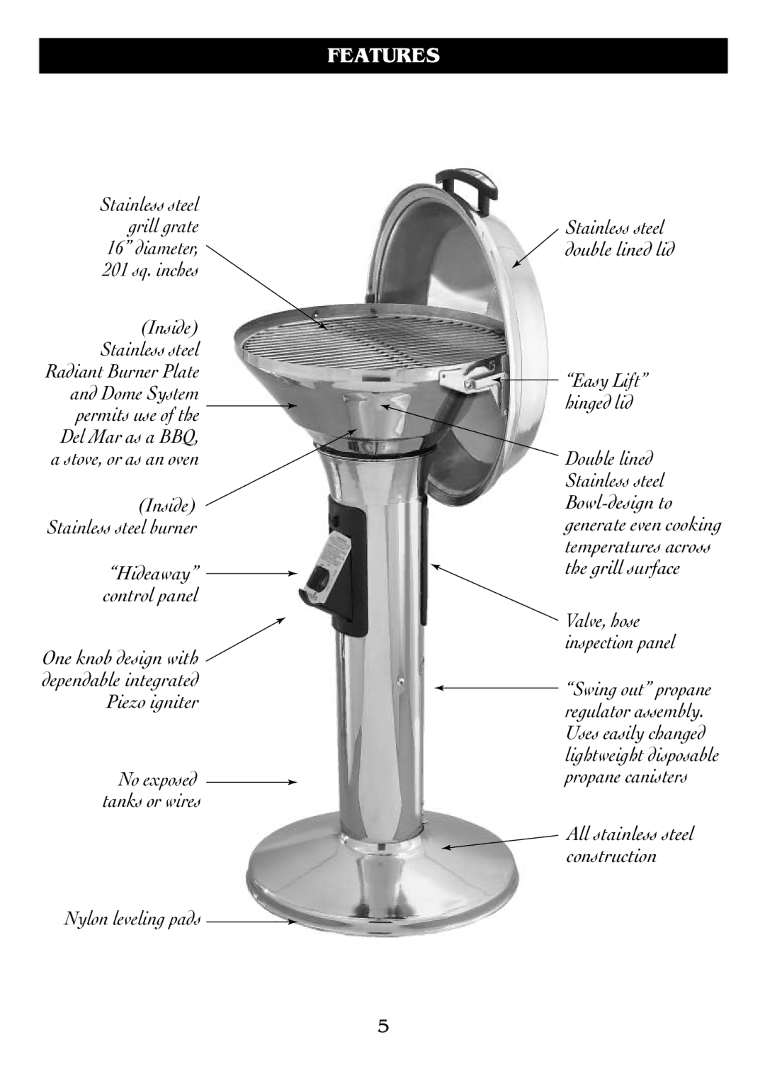 Magma DM10-016LP owner manual Features, No exposed tanks or wires, Stainless steel double lined lid Easy Lift hinged lid 