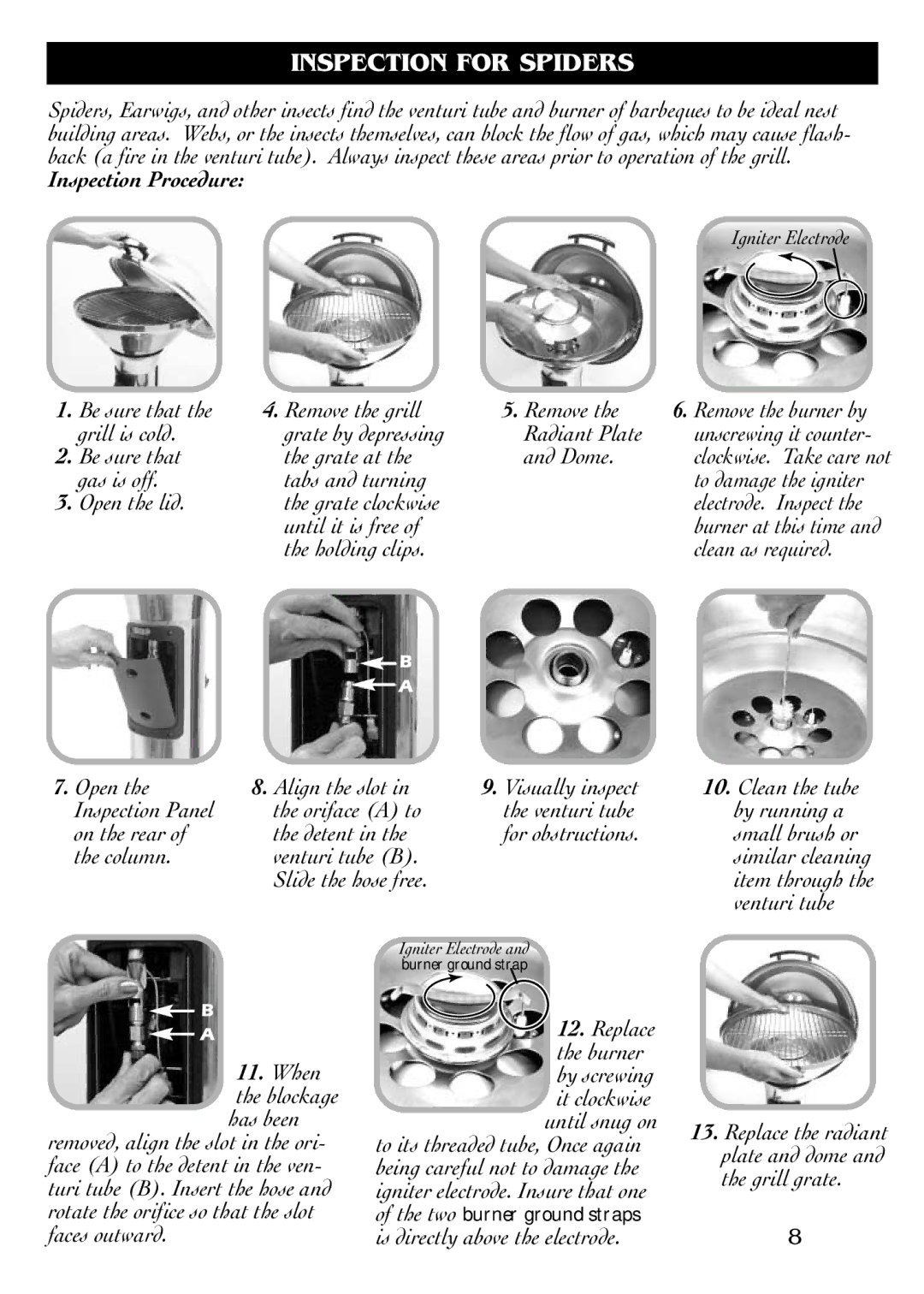 Magma DM10-016LP owner manual Inspection for Spiders, Inspection Procedure 