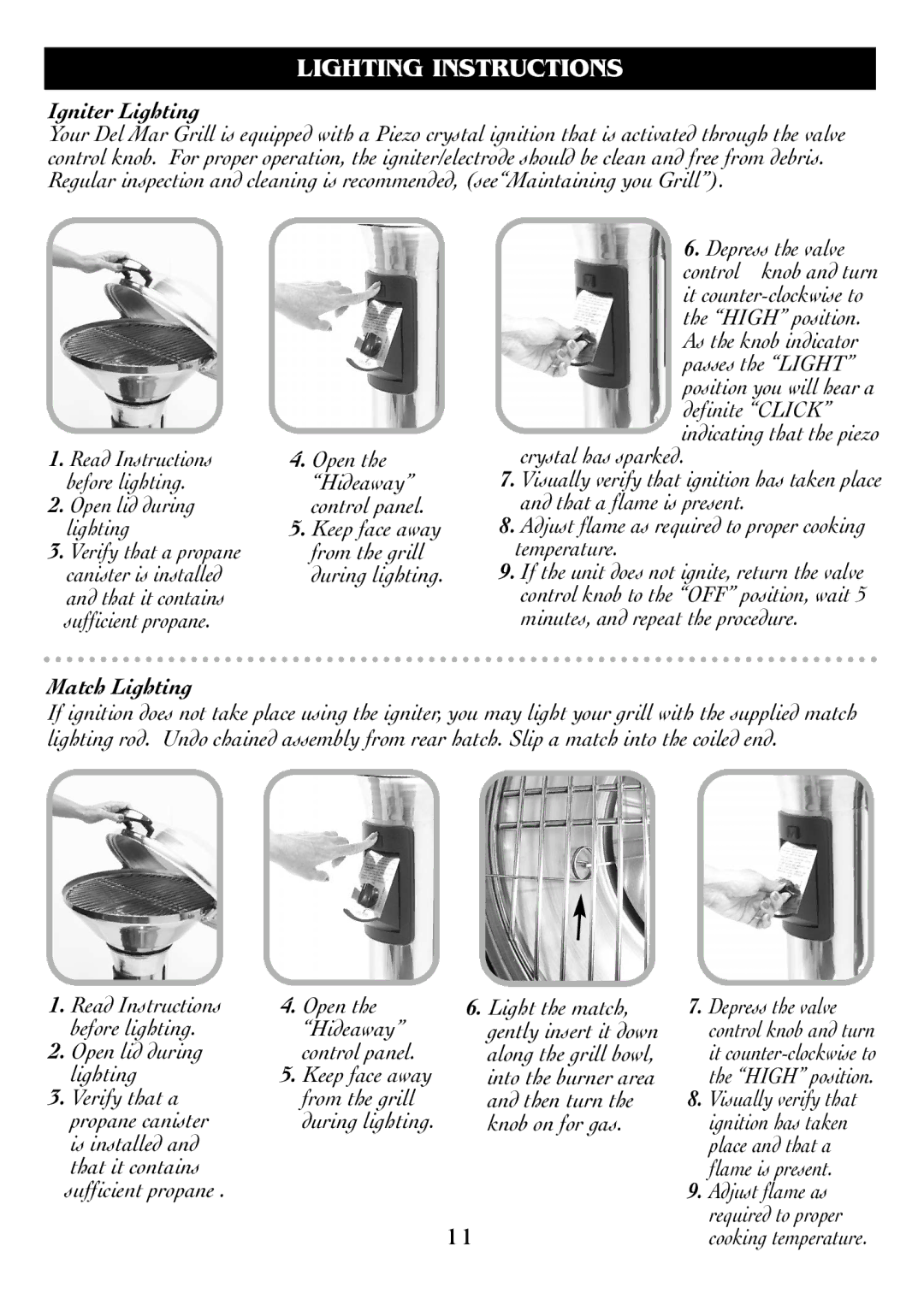 Magma DM10-016NG owner manual Lighting Instructions, Igniter Lighting, Match Lighting 