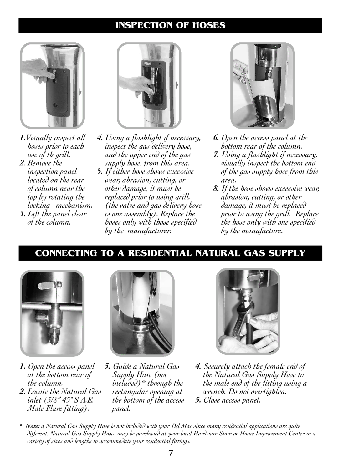 Magma DM10-016NG owner manual Inspection of Hoses, Connecting to a Residential Natural GAS Supply, Close access panel 