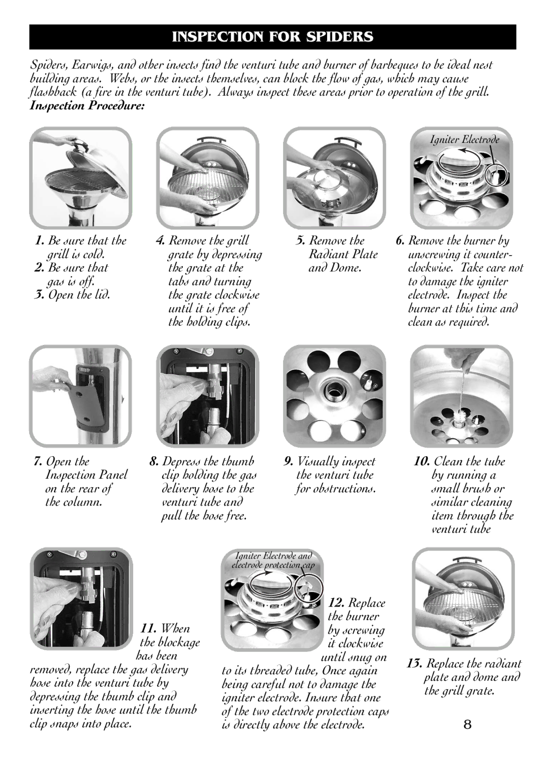 Magma DM10-016NG owner manual Inspection for Spiders, Inspection Procedure 