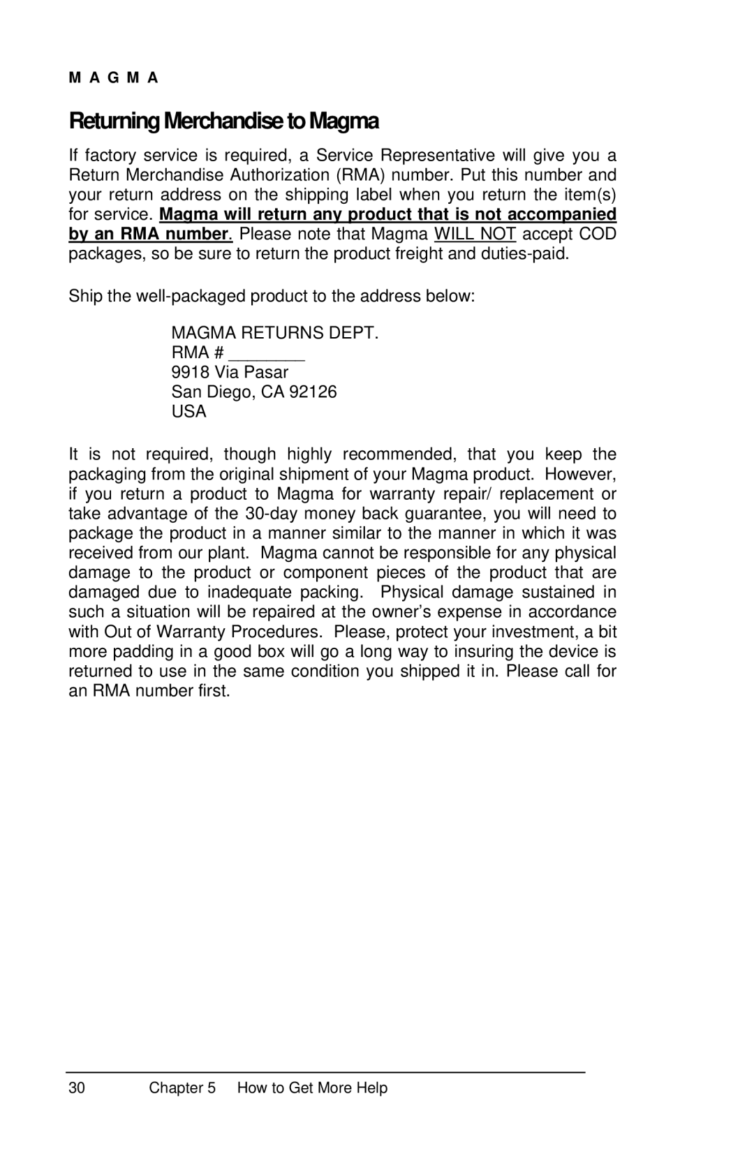 Magma EB1F, EB1H manual ReturningMerchandisetoMagma, Magma Returns DEPT. RMA # 