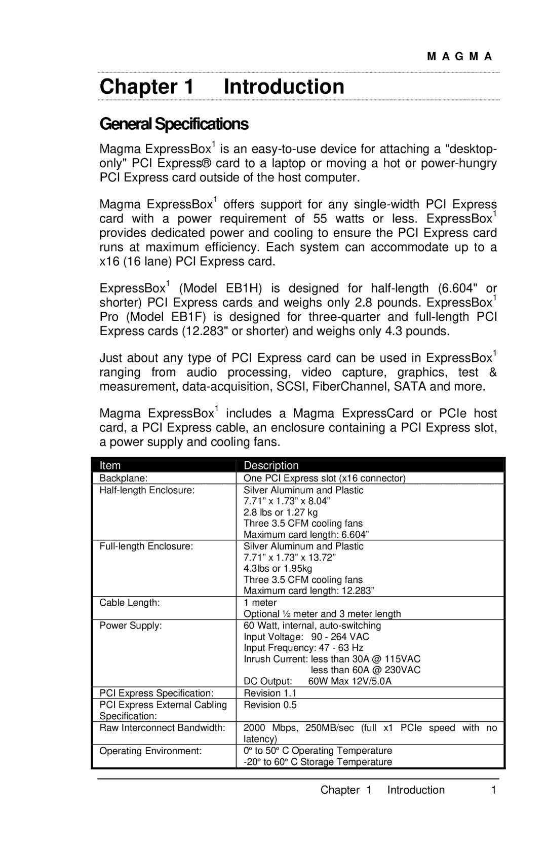 Magma EB1H, EB1F manual Introduction, General Specifications 