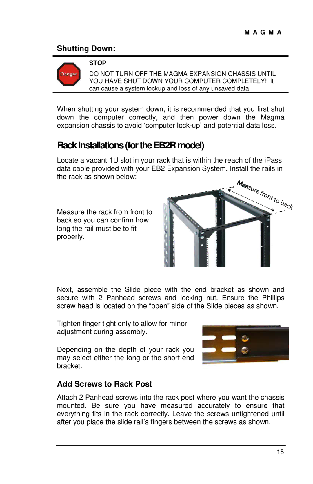 Magma user manual RackInstallationsfortheEB2Rmodel, Shutting Down, Add Screws to Rack Post 