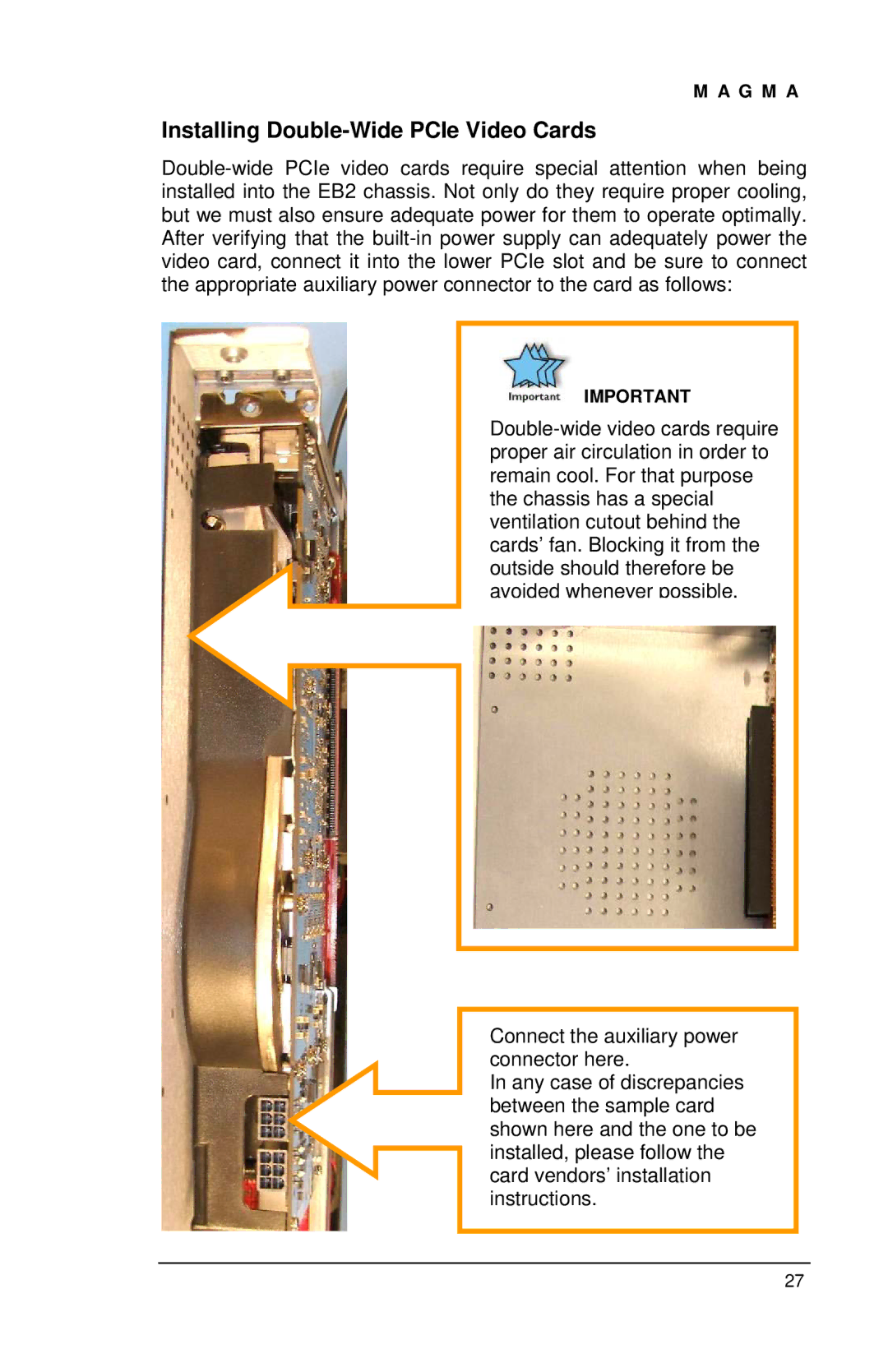 Magma EB2R user manual Installing Double-Wide PCIe Video Cards 